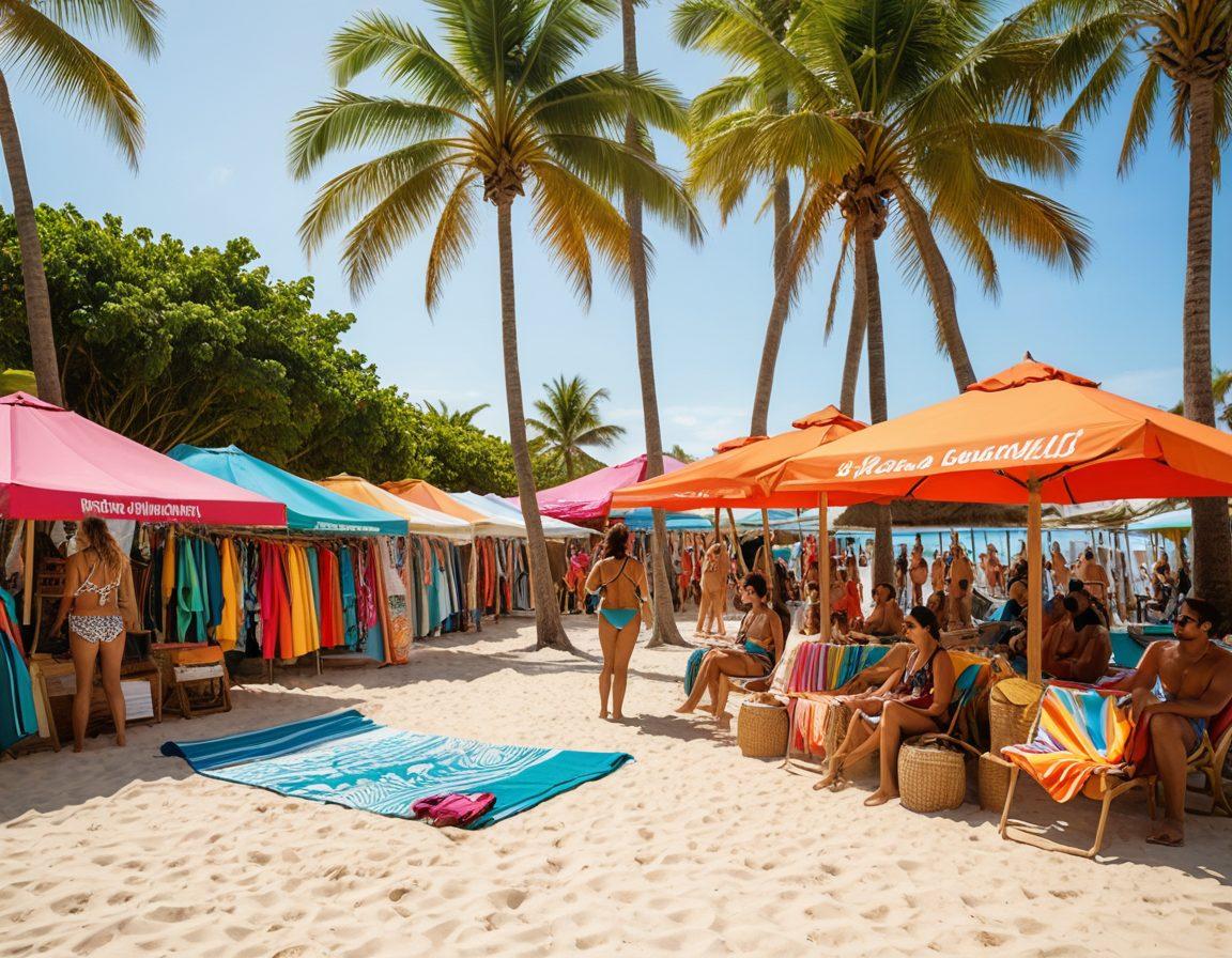 A stylish beach scene featuring diverse individuals wearing vibrant swimwear, showcasing both fashion and confidence while relaxing by the ocean. Include elements of entrepreneurship, like beach towels with branding and a small pop-up stand selling swimwear accessories. Bright sunshine and palm trees in the background evoke a relaxed summer vibe. vibrant colors. super-realistic. tropical setting.