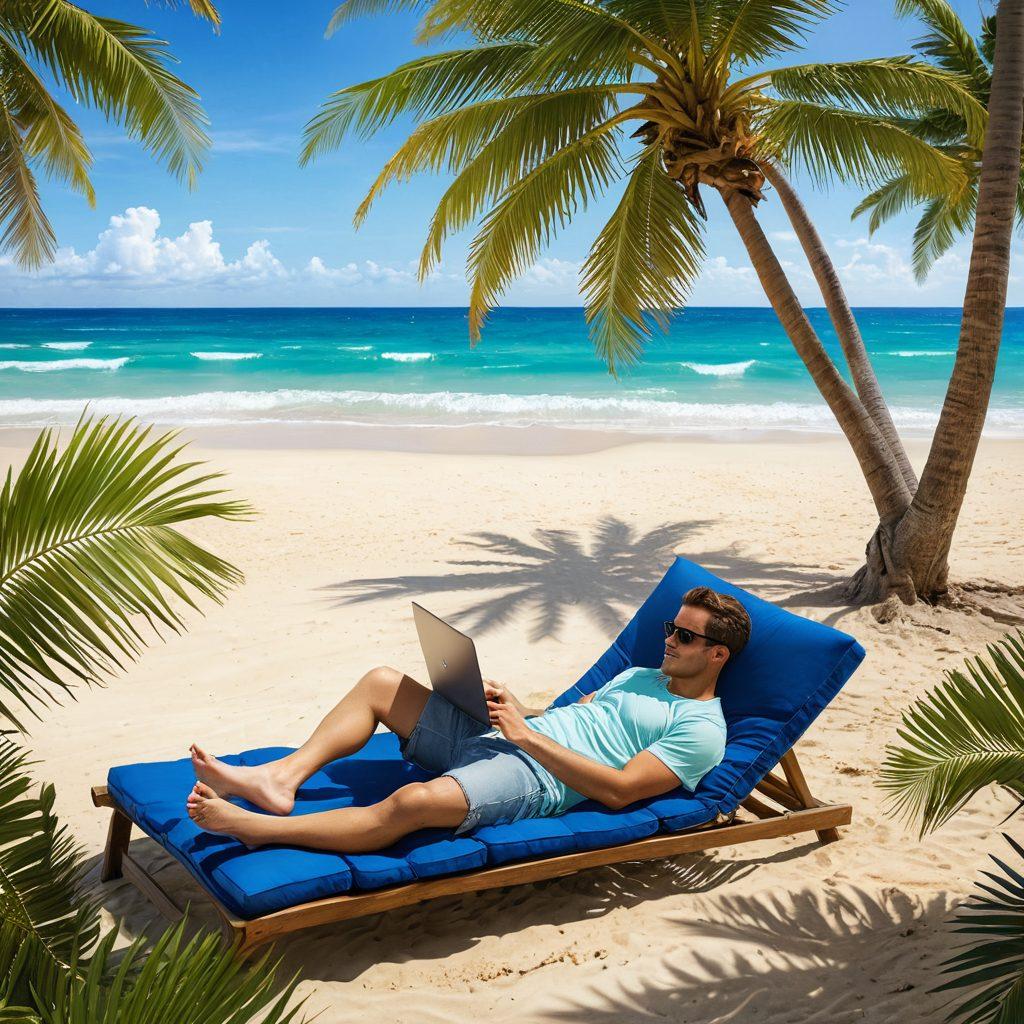 A relaxed beach scene with a person lounging under a palm tree, working on a laptop, with the ocean waves in the background. Include tropical elements like a coconut drink and sunbathers, along with visual representations of cash flow like dollar signs and upward arrows in the air. The atmosphere should convey a sense of freedom and financial success. vibrant colors. photorealistic. sunny sky.